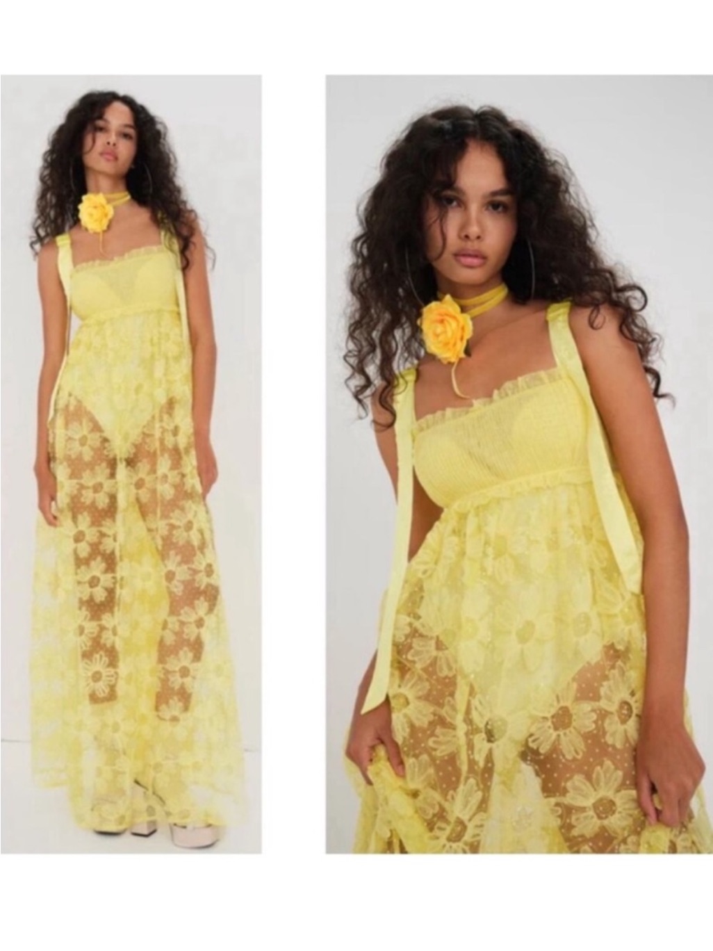 Nwt For Love & Lemons Emma Flower Yellow Sequin Maxi Dress Size Small
